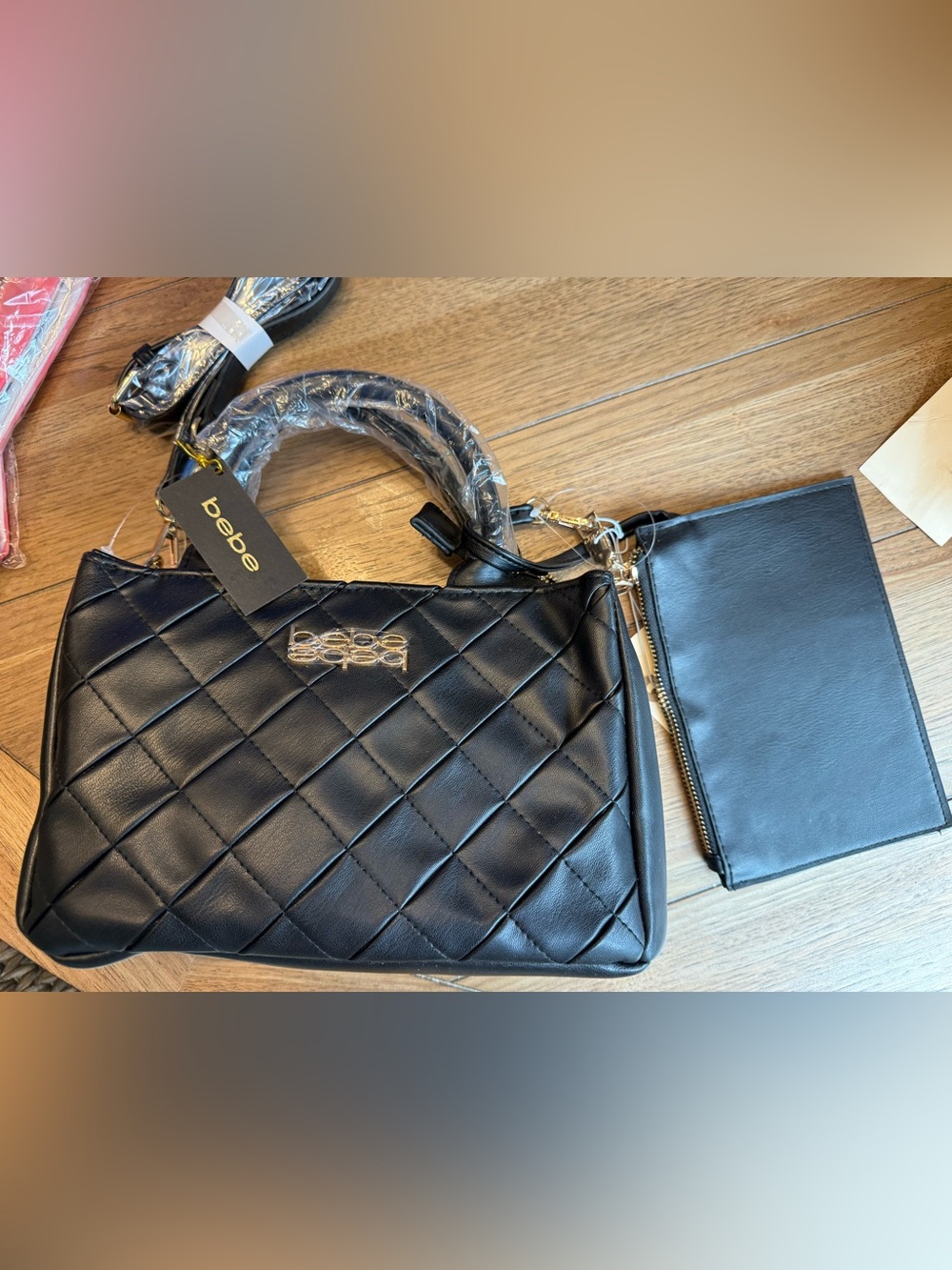 bebe Black Quilted Satchel with Detachable Pouch
